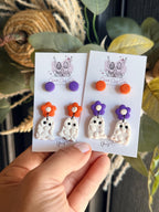 Halloween Earring Set, Ghost Earrings & Studs, Polymer Clay Earrings, Spooky Cute Jewelry, Orange Purple Halloween Earrings, Handmade Gift
