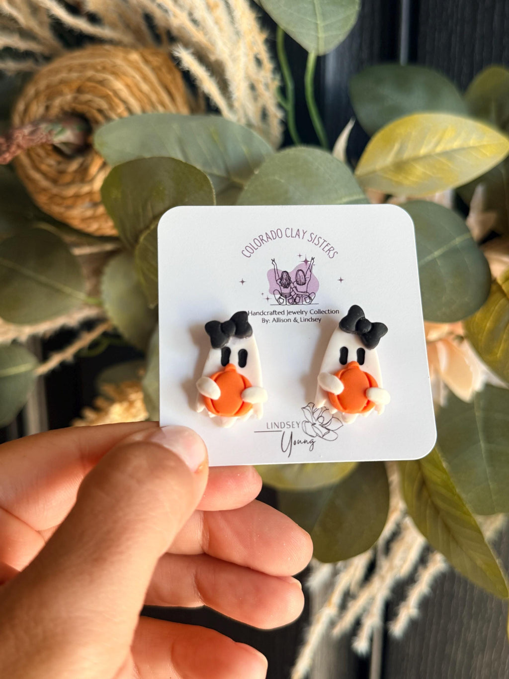 Ghost Pumpkin Earrings, Halloween Polymer Clay Earrings, Spooky Cute Ghost Studs, Pumpkin Jewelry, Handmade Halloween Earrings