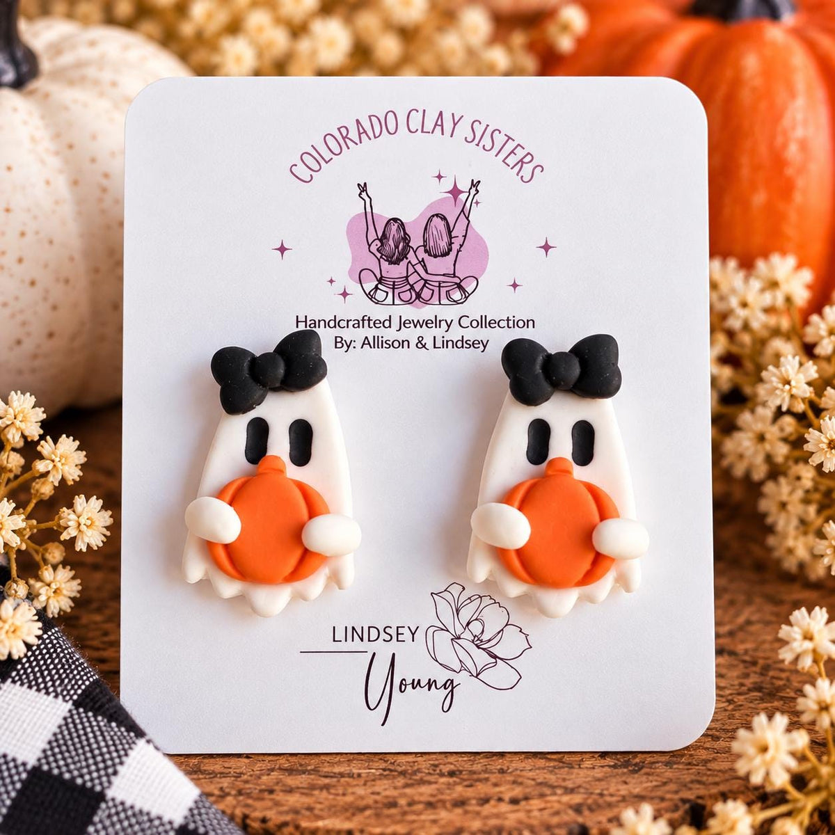 Ghost Pumpkin Earrings, Halloween Polymer Clay Earrings, Spooky Cute Ghost Studs, Pumpkin Jewelry, Handmade Halloween Earrings