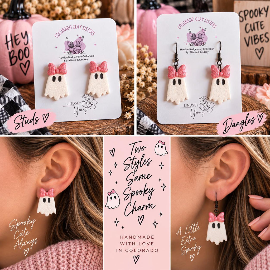Pink Ghost Earrings, Halloween Earrings, Cute Ghost Studs & Dangles, Polymer Clay Earrings, Girly Halloween Jewelry, Spooky Cute Gift