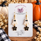 Ghost Earrings, Halloween Dangle Earrings, Black Flower Ghost Earrings, Polymer Clay Halloween Jewelry, Spooky Cute Fall Earrings