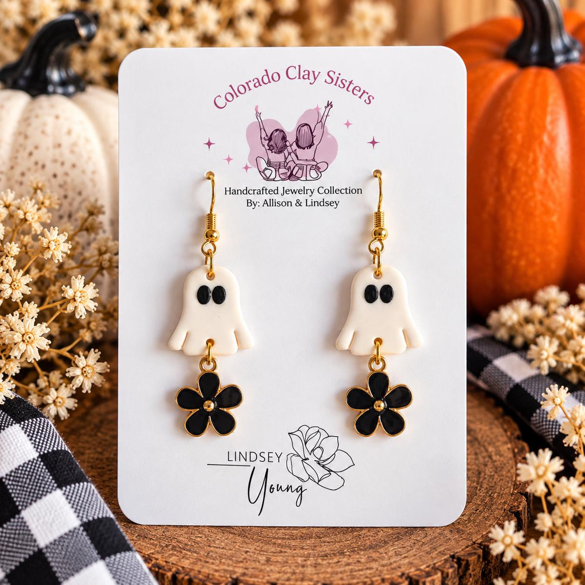 Ghost Earrings, Halloween Dangle Earrings, Black Flower Ghost Earrings, Polymer Clay Halloween Jewelry, Spooky Cute Fall Earrings