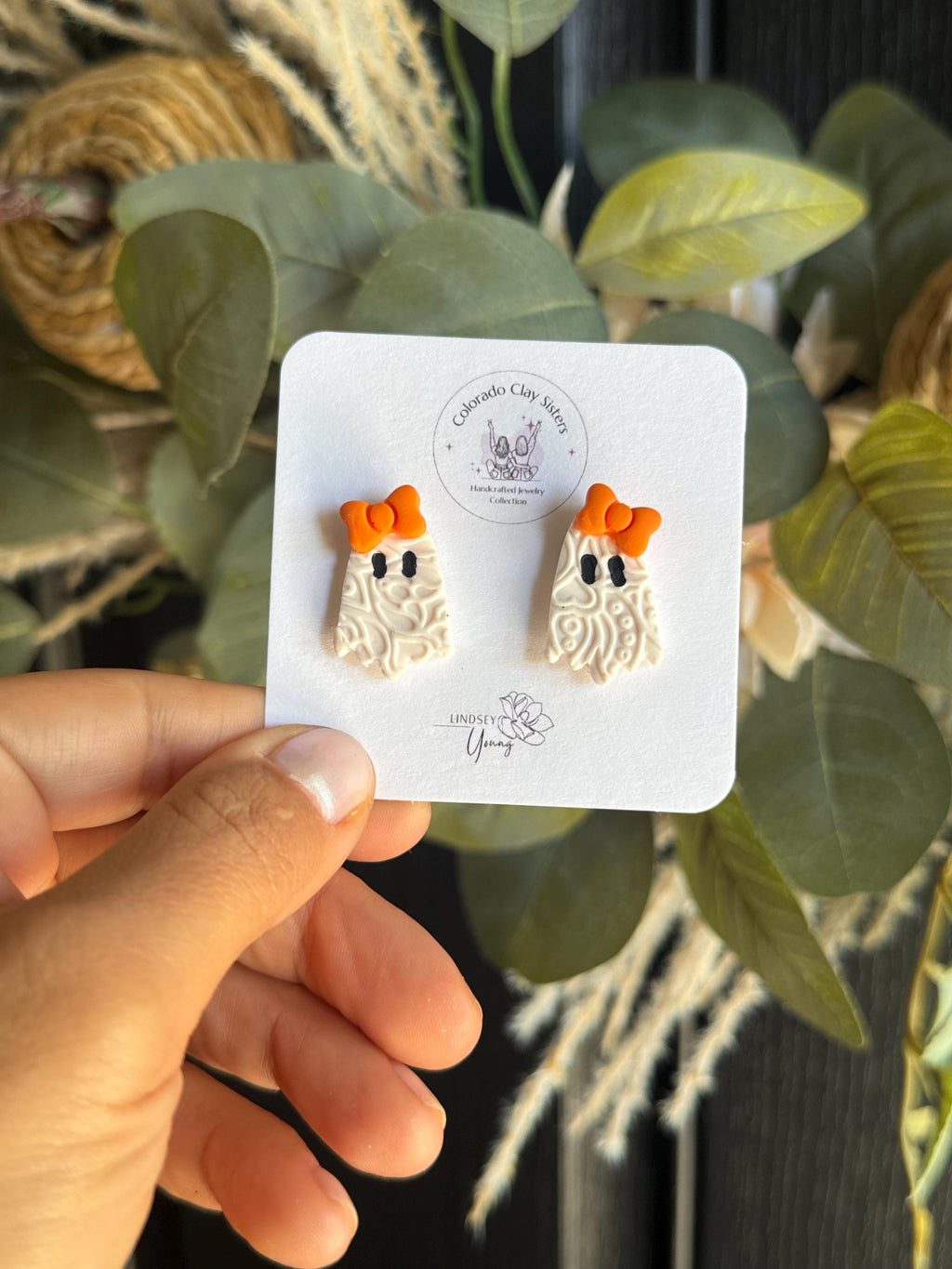 Ghost Earrings with Bow, Halloween Polymer Clay Earrings, Spooky Cute Ghost Studs, Orange or Black Bow, Handmade Halloween Jewelry