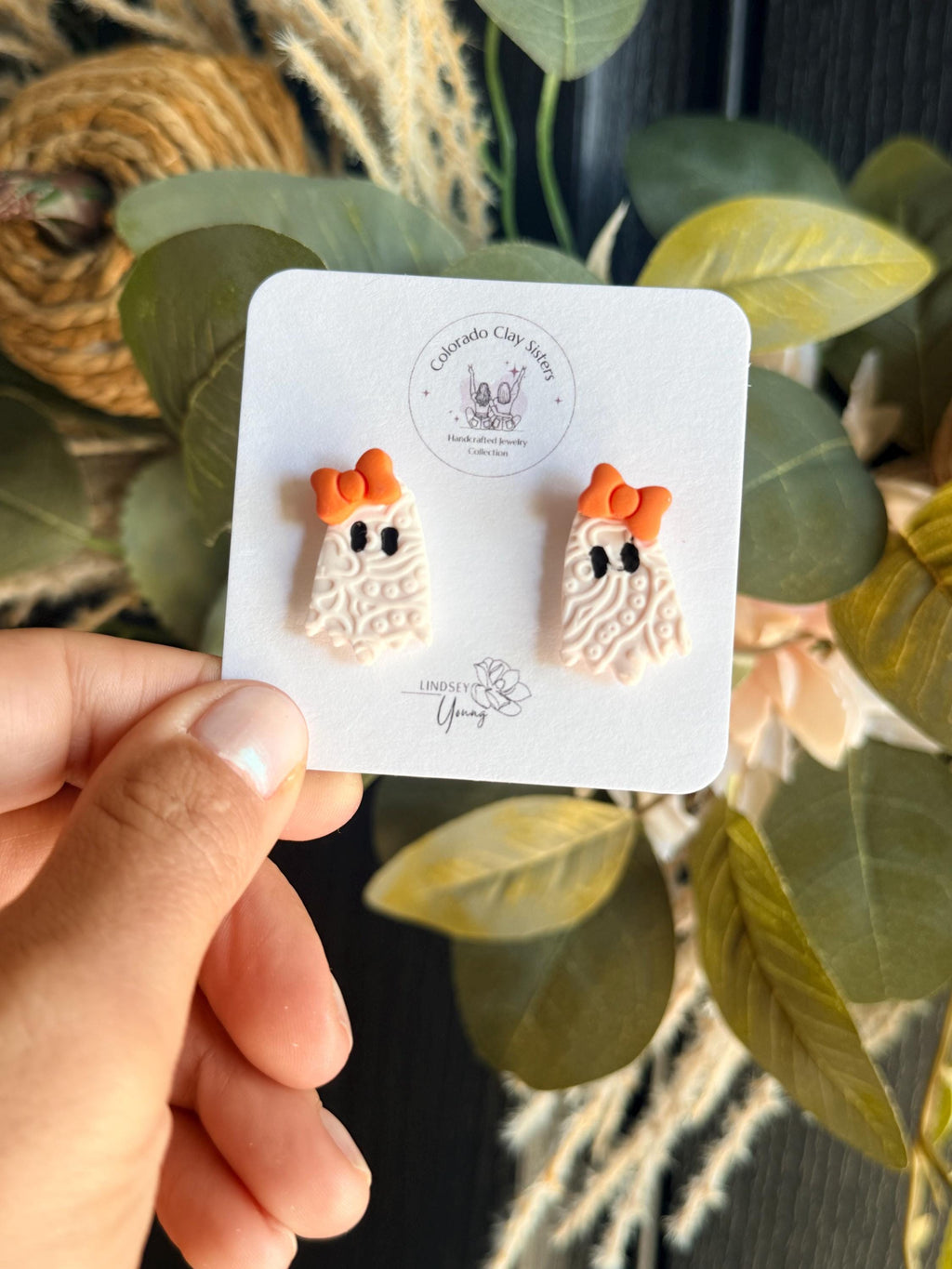 Ghost Earrings with Bow, Halloween Polymer Clay Earrings, Spooky Cute Ghost Studs, Orange or Black Bow, Handmade Halloween Jewelry