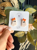 Ghost Earrings with Bow, Halloween Polymer Clay Earrings, Spooky Cute Ghost Studs, Orange or Black Bow, Handmade Halloween Jewelry