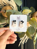 Ghost Earrings with Bow, Halloween Polymer Clay Earrings, Spooky Cute Ghost Studs, Orange or Black Bow, Handmade Halloween Jewelry