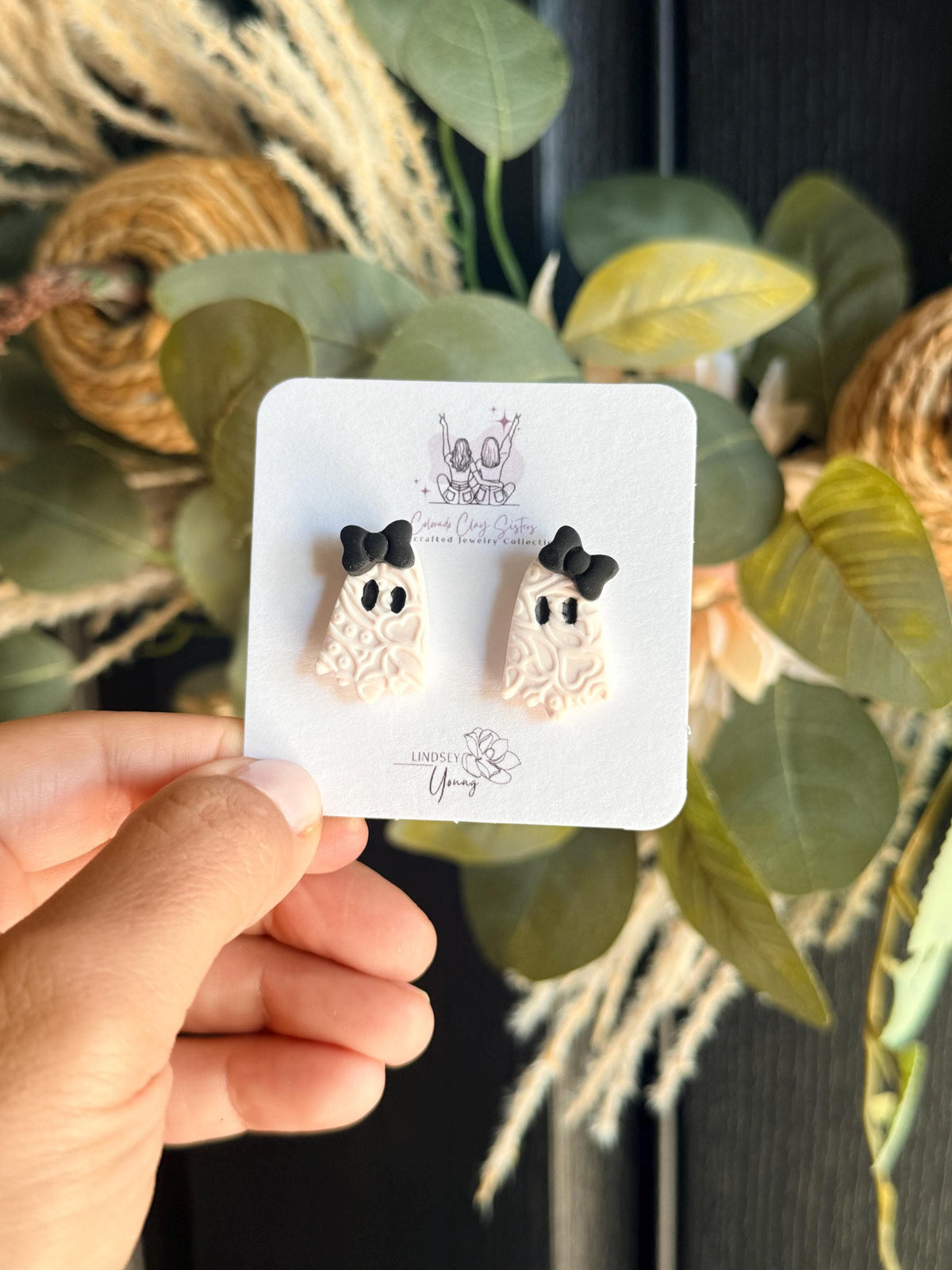 Ghost Earrings with Bow, Halloween Polymer Clay Earrings, Spooky Cute Ghost Studs, Orange or Black Bow, Handmade Halloween Jewelry