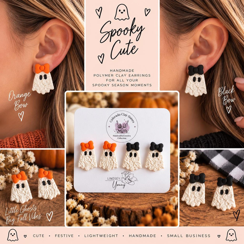 Ghost Earrings with Bow, Halloween Polymer Clay Earrings, Spooky Cute Ghost Studs, Orange or Black Bow, Handmade Halloween Jewelry