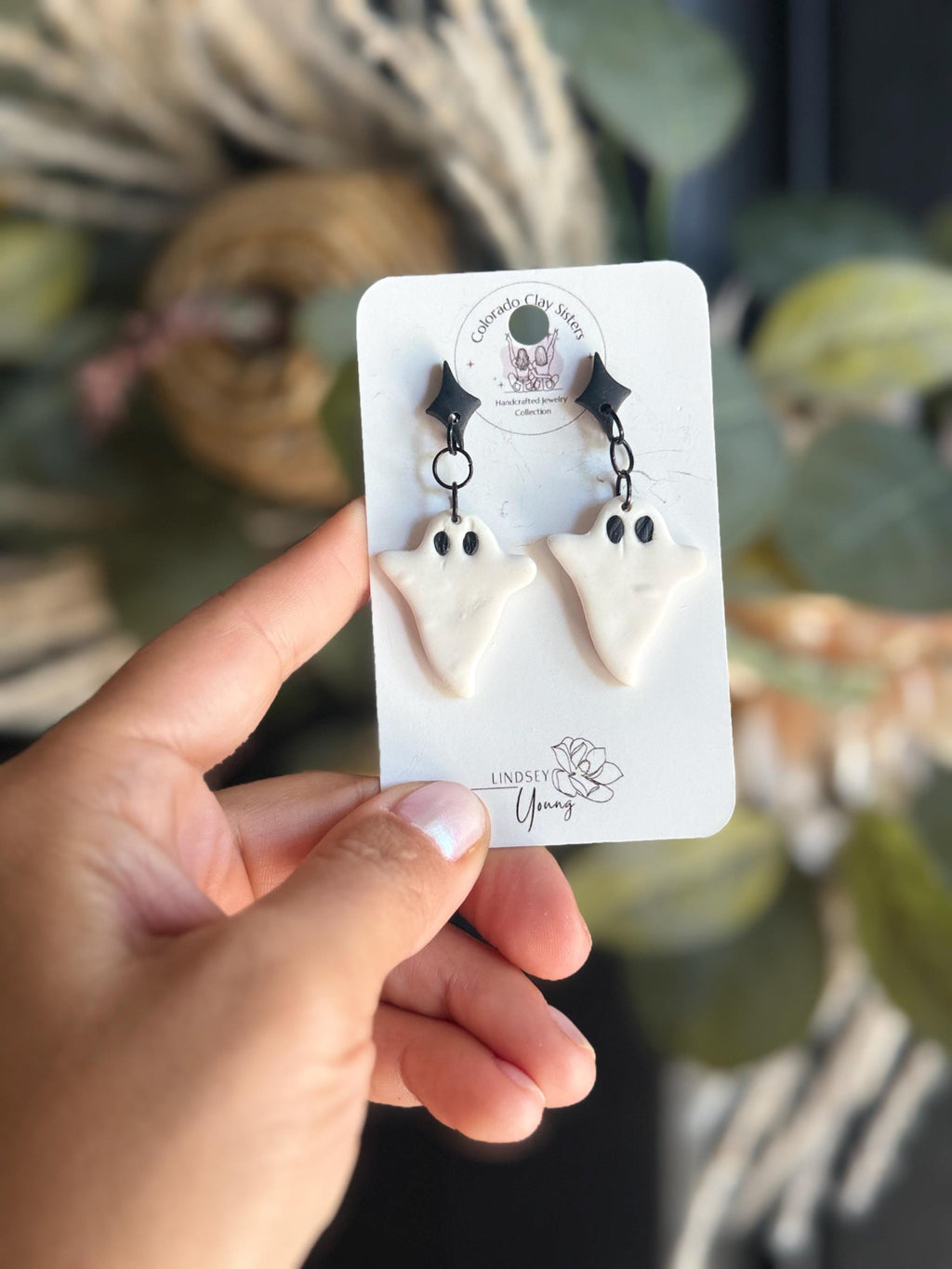 Handmade Polymer Clay Ghost Earrings, Halloween Dangle Jewelry (Orange or Black)