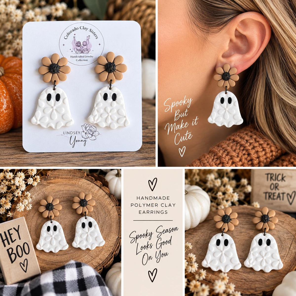 Neutral Ghost Earrings, Halloween Polymer Clay Earrings, Floral Ghost Dangle Earrings, Boho Halloween Jewelry, Spooky Cute Fall Earrings