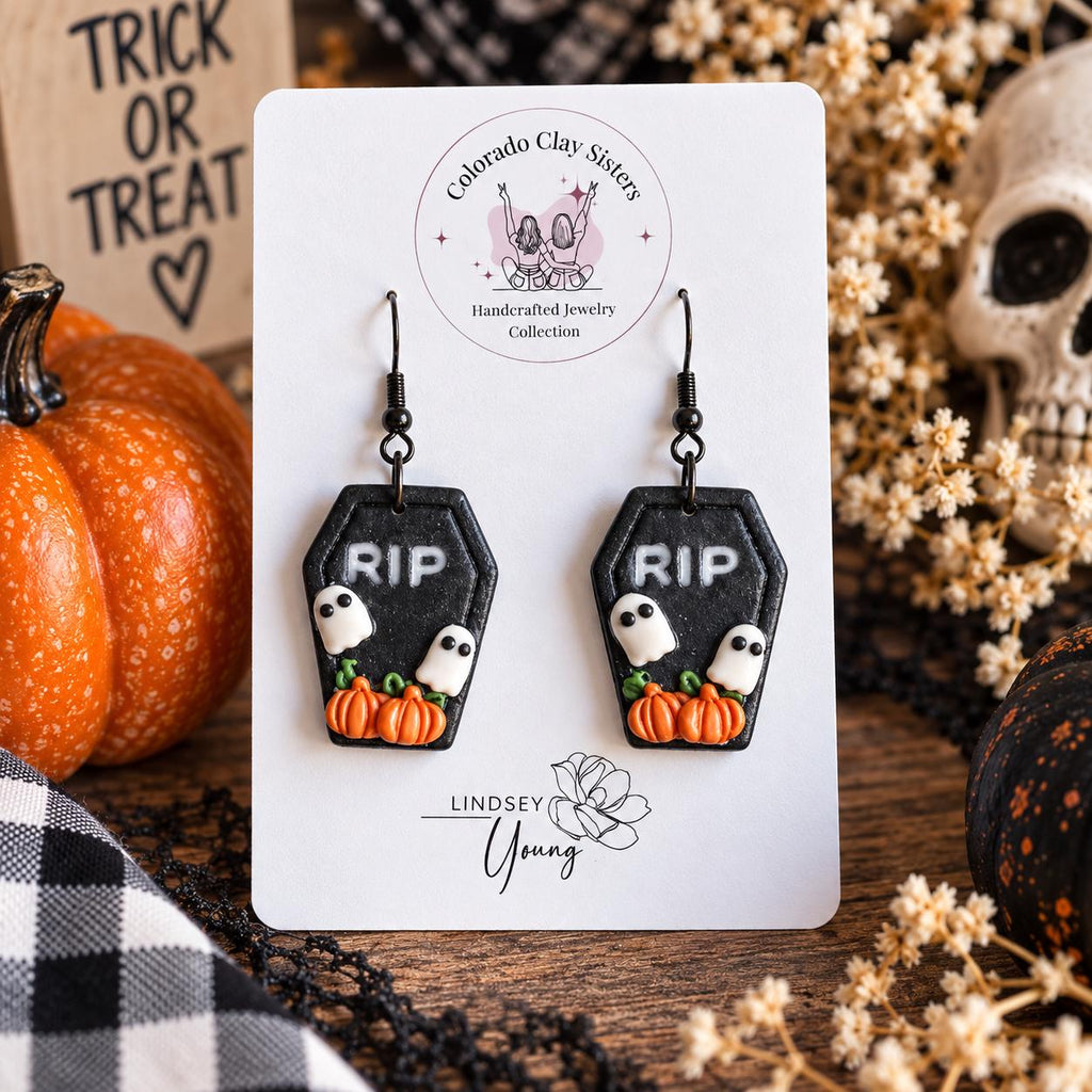 Handmade Halloween Coffin Earrings | Ghost & Pumpkin Polymer Clay Earrings
