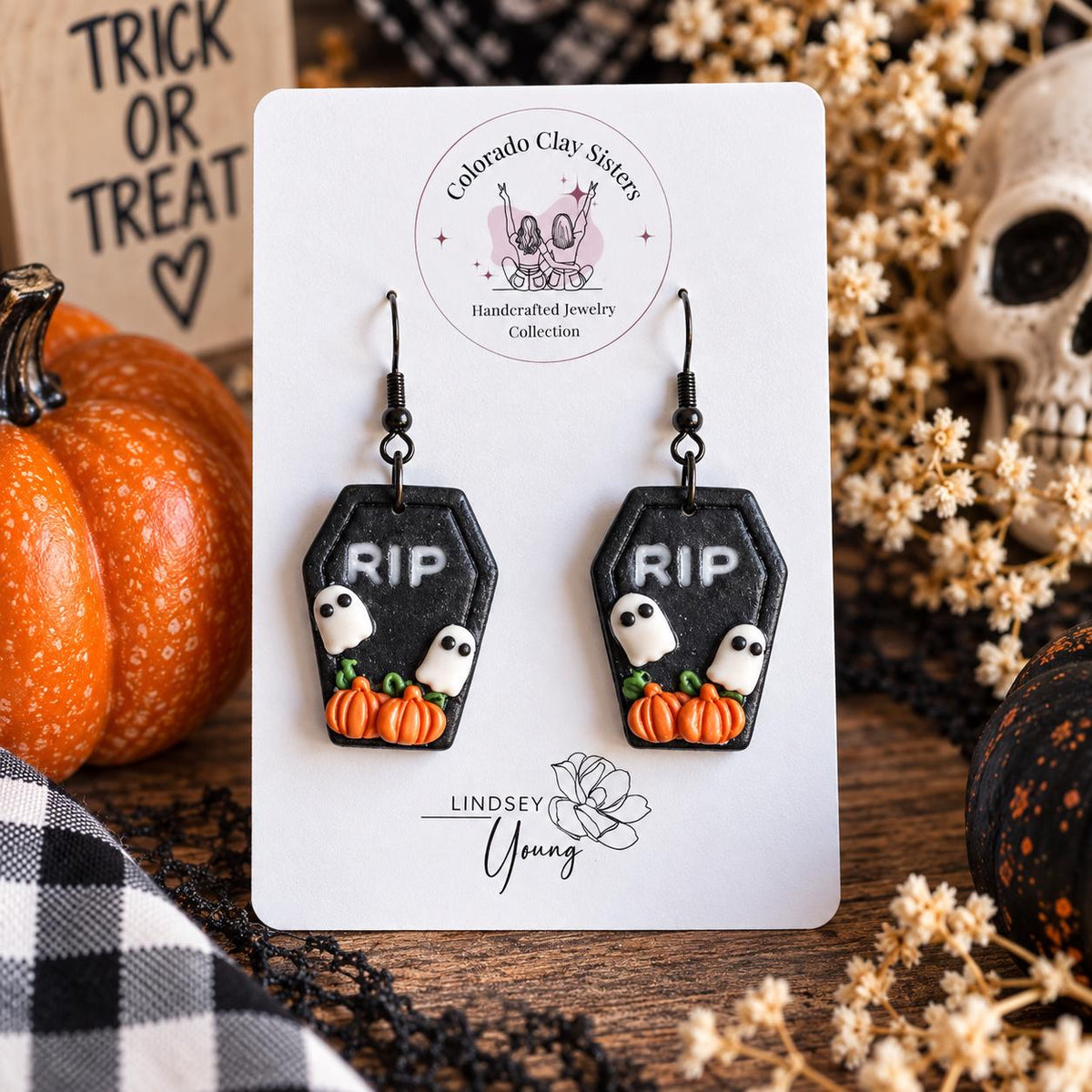 Handmade Halloween Coffin Earrings | Ghost & Pumpkin Polymer Clay Earrings