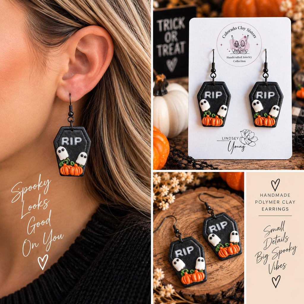 Handmade Halloween Coffin Earrings | Ghost & Pumpkin Polymer Clay Earrings