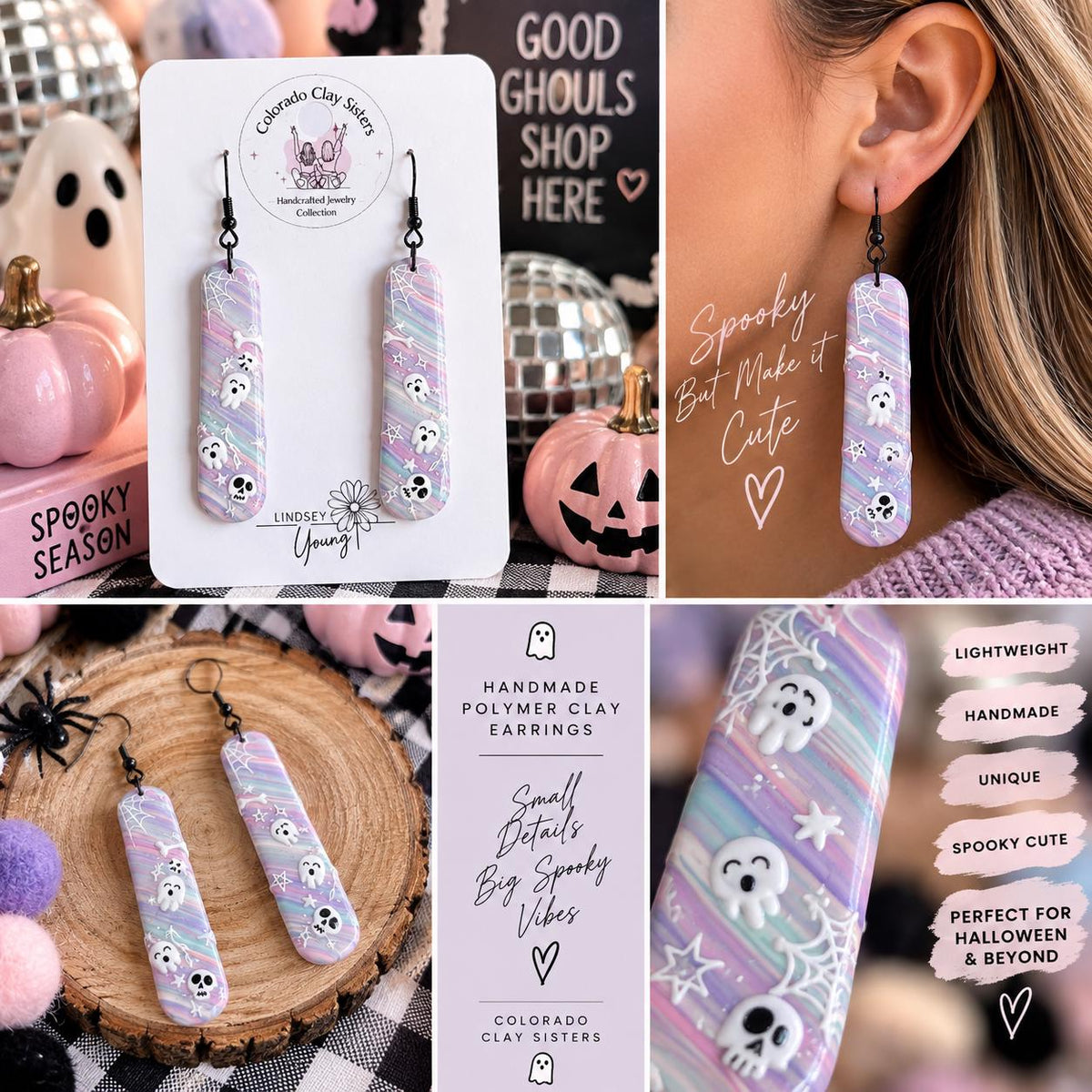 Pastel Ghost Halloween Earrings | Handmade Polymer Clay Spooky Earrings | Cute Halloween Dangle Earrings