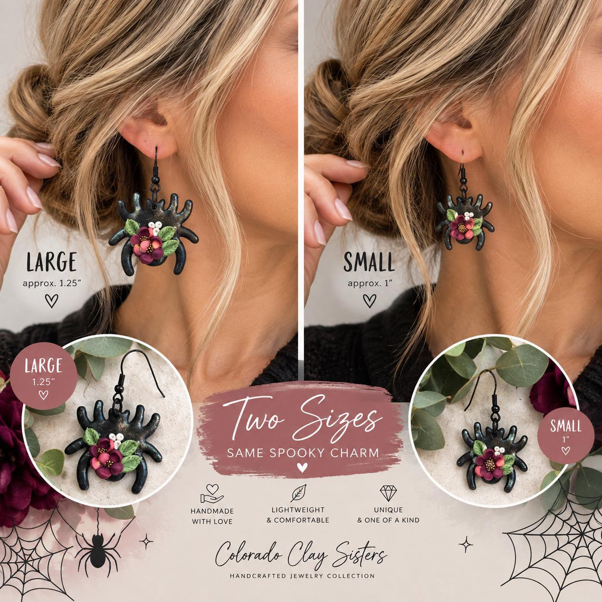 Floral Spider Earrings, Halloween Polymer Clay Earrings, Black Spider Earrings, Spooky Floral Jewelry, Gothic Halloween Earrings, Handmade