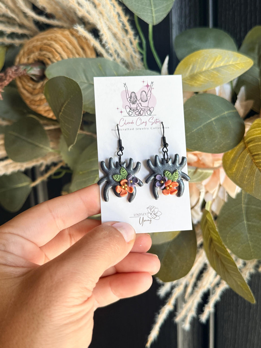 Floral Spider Earrings, Halloween Earrings, Black Spider Polymer Clay Earrings, Spooky Floral Jewelry, Witchy Fall Earrings, Handmade