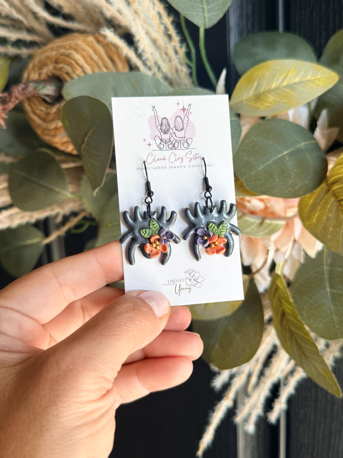 Floral Spider Earrings, Halloween Earrings, Black Spider Polymer Clay Earrings, Spooky Floral Jewelry, Witchy Fall Earrings, Handmade
