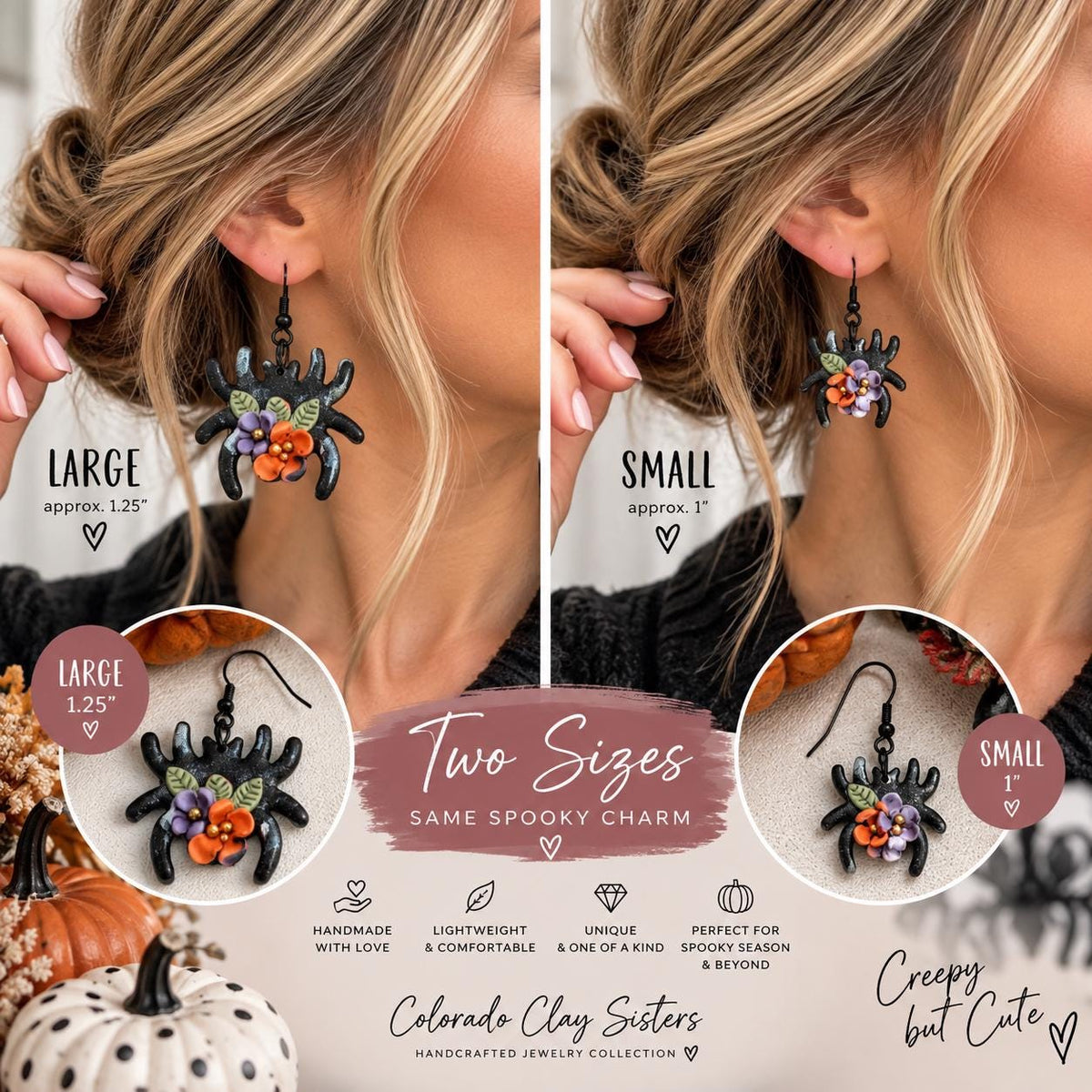 Floral Spider Earrings, Halloween Earrings, Black Spider Polymer Clay Earrings, Spooky Floral Jewelry, Witchy Fall Earrings, Handmade