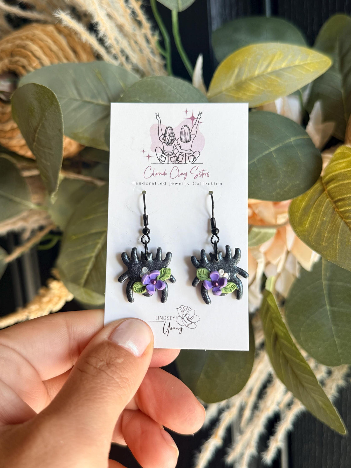 Purple Floral Spider Earrings, Halloween Polymer Clay Earrings, Spooky Cute Jewelry, Black Spider Earrings, Witchy Floral Earrings