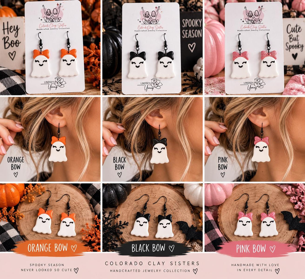 Cute Ghost Earrings with Bows, Halloween Polymer Clay Earrings, Spooky Cute Earrings, Girly Halloween Jewelry, Handmade Ghost Earrings
