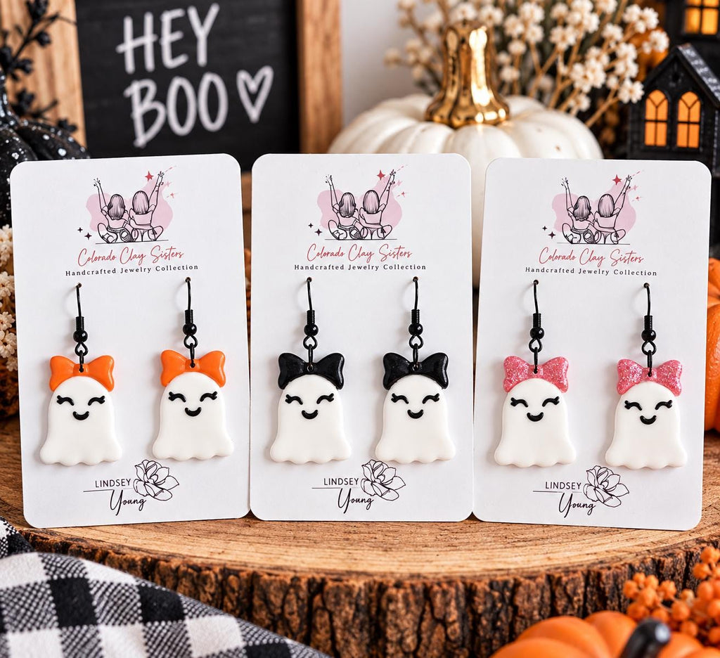 Cute Ghost Earrings with Bows, Halloween Polymer Clay Earrings, Spooky Cute Earrings, Girly Halloween Jewelry, Handmade Ghost Earrings