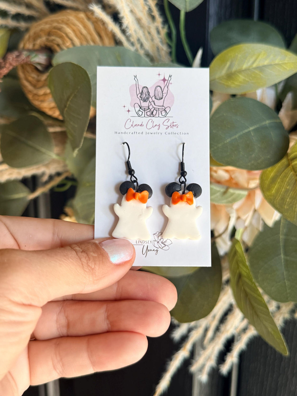 Ghost Mouse Ear Earrings, Halloween Polymer Clay Earrings, Spooky Cute Ghost Earrings, Orange Bow Earrings, Handmade Halloween Jewelry