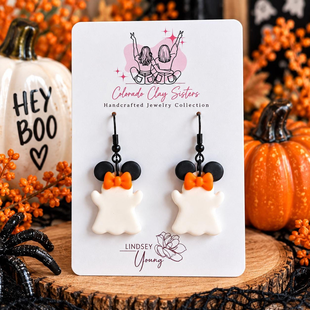 Ghost Mouse Ear Earrings, Halloween Polymer Clay Earrings, Spooky Cute Ghost Earrings, Orange Bow Earrings, Handmade Halloween Jewelry