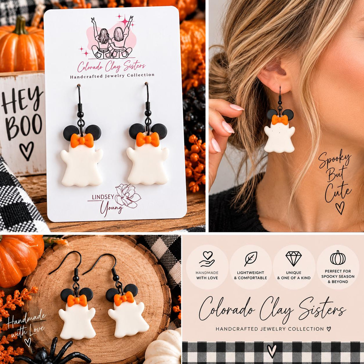 Ghost Mouse Ear Earrings, Halloween Polymer Clay Earrings, Spooky Cute Ghost Earrings, Orange Bow Earrings, Handmade Halloween Jewelry