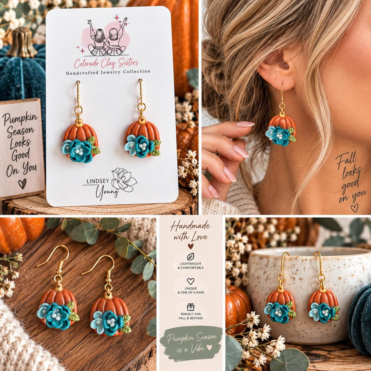 Floral Pumpkin Earrings, Fall Polymer Clay Earrings, Handmade Pumpkin Jewelry, Teal Flower Earrings, Autumn Statement Earrings, Thanksgiving