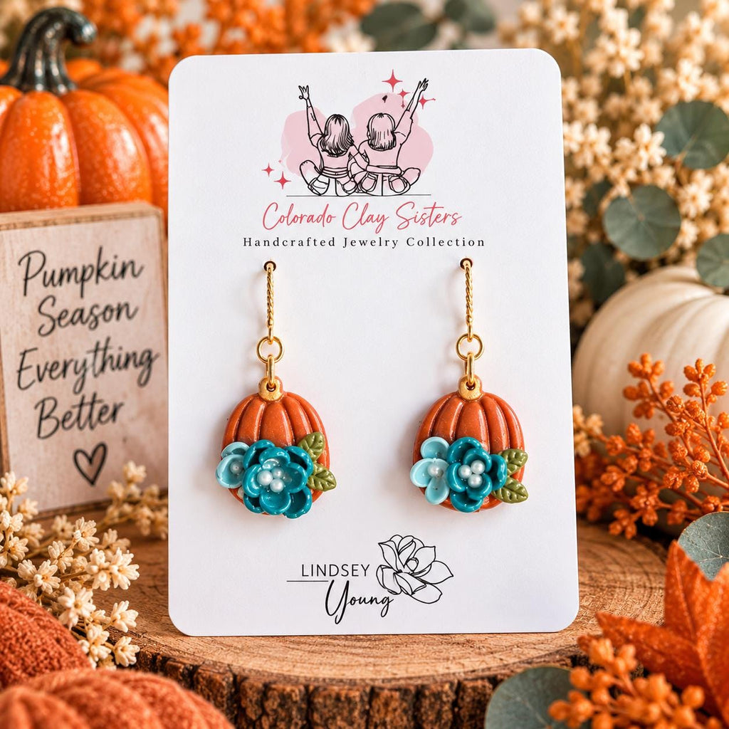 Floral Pumpkin Earrings, Fall Polymer Clay Earrings, Handmade Pumpkin Jewelry, Teal Flower Earrings, Autumn Statement Earrings, Thanksgiving