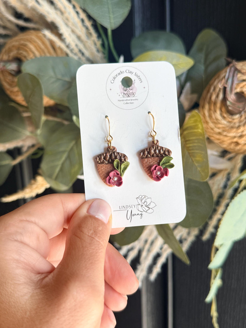 Floral Acorn Earrings, Fall Polymer Clay Earrings, Woodland Jewelry, Handmade Autumn Earrings, Botanical Acorn Earrings, Thanksgiving Gift