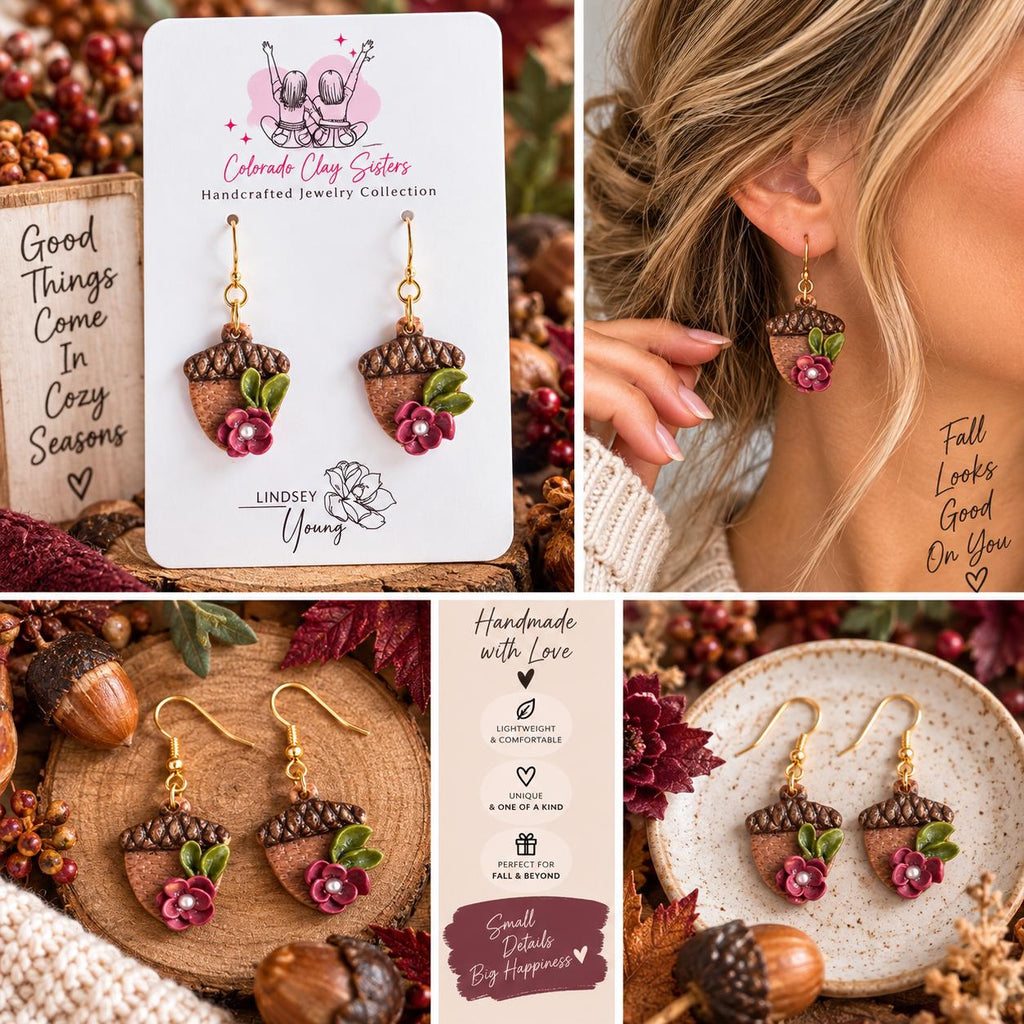 Floral Acorn Earrings, Fall Polymer Clay Earrings, Woodland Jewelry, Handmade Autumn Earrings, Botanical Acorn Earrings, Thanksgiving Gift