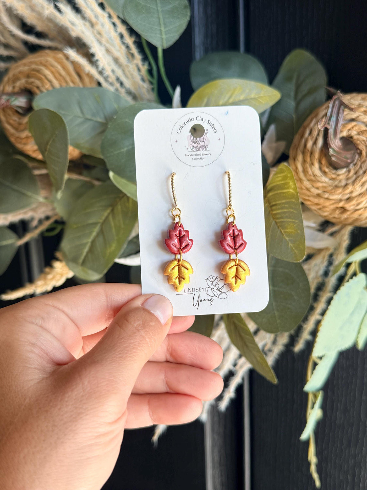 Fall Leaf Earrings, Autumn Earrings, Polymer Clay Earrings, Red Gold Leaf Dangle Earrings, Thanksgiving Jewelry, Fall Gift for Her