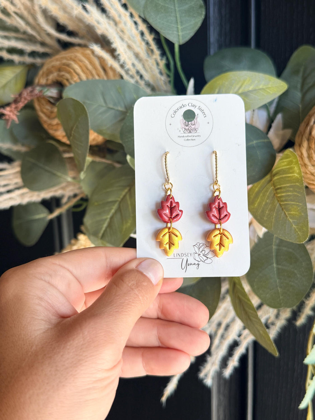 Fall Leaf Earrings, Autumn Earrings, Polymer Clay Earrings, Red Gold Leaf Dangle Earrings, Thanksgiving Jewelry, Fall Gift for Her