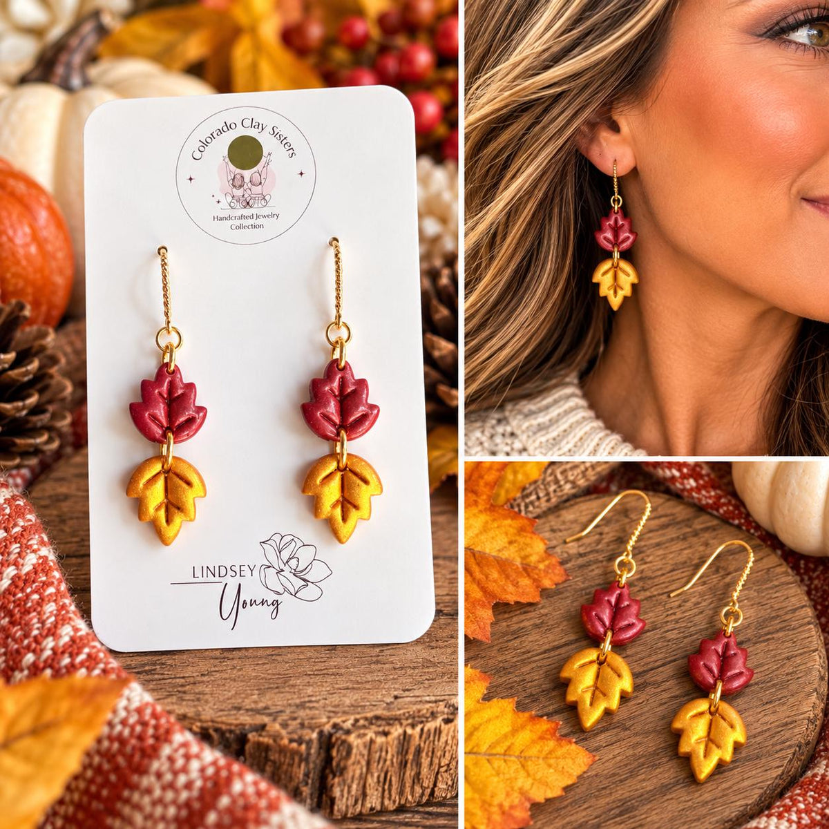 Fall Leaf Earrings, Autumn Earrings, Polymer Clay Earrings, Red Gold Leaf Dangle Earrings, Thanksgiving Jewelry, Fall Gift for Her