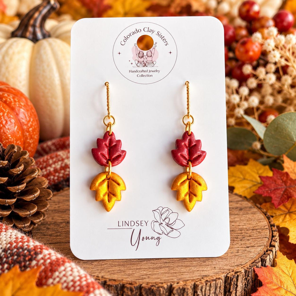 Fall Leaf Earrings, Autumn Earrings, Polymer Clay Earrings, Red Gold Leaf Dangle Earrings, Thanksgiving Jewelry, Fall Gift for Her