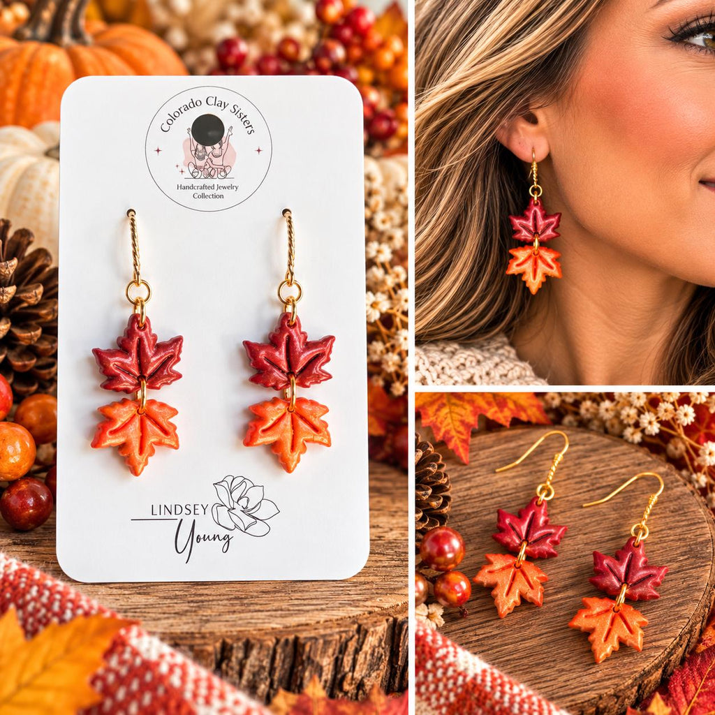 Maple Leaf Earrings, Fall Earrings, Autumn Polymer Clay Earrings, Red Orange Leaf Dangles, Thanksgiving Jewelry, Fall Gift for Her