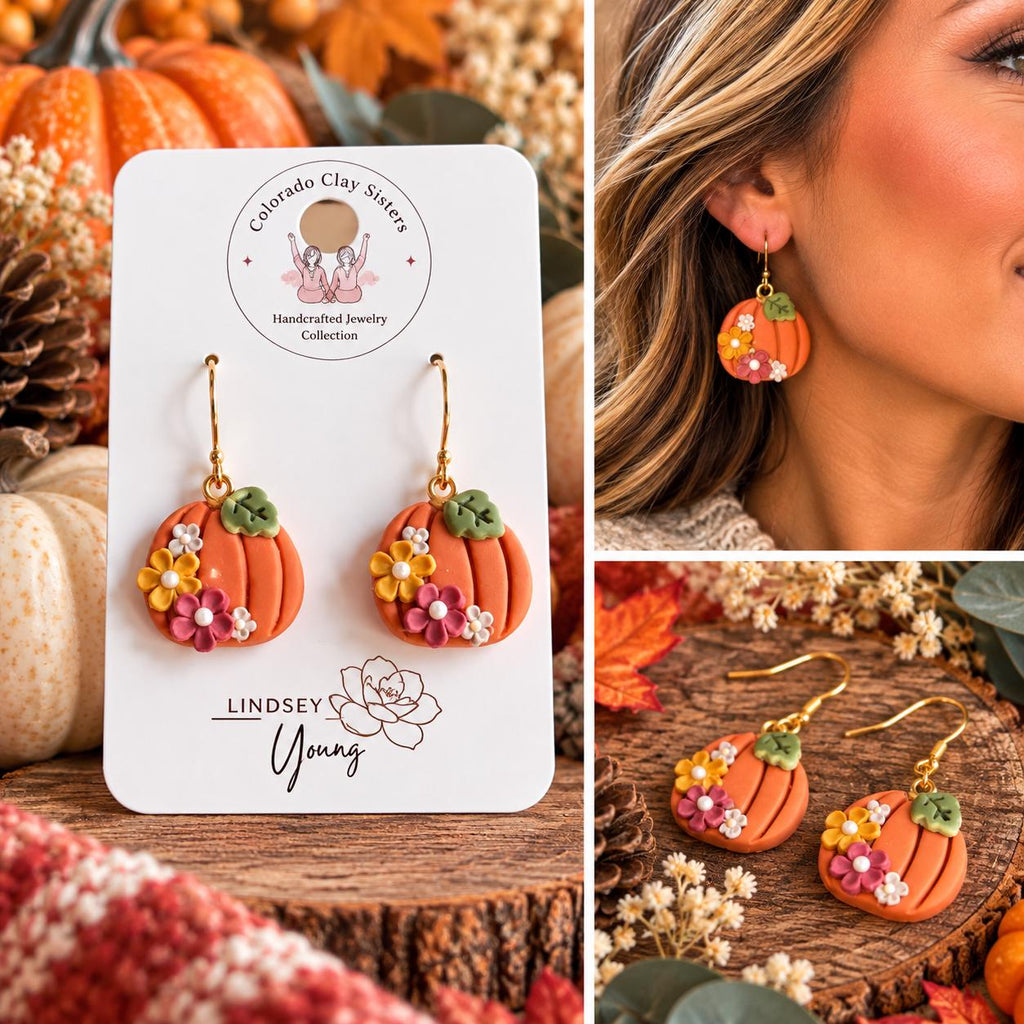 Floral Pumpkin Earrings, Fall Polymer Clay Earrings, Handmade Pumpkin Dangles, Autumn Jewelry, Thanksgiving Earrings, Fall Gift for Her