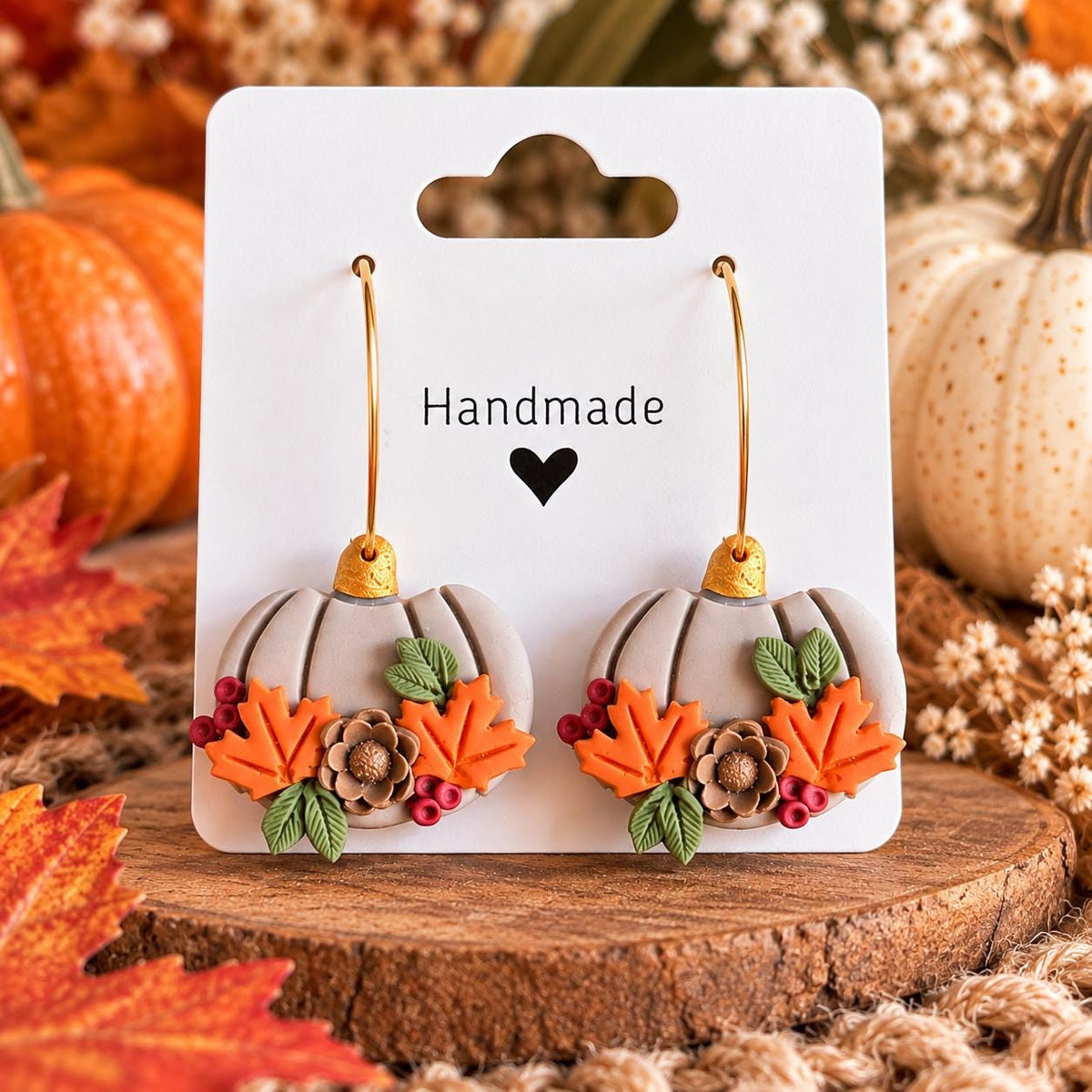 Fall Pumpkin Earrings, Autumn Polymer Clay Earrings, Pumpkin Floral Earrings, Fall Leaf Jewelry, Thanksgiving Earrings, Handmade Gift