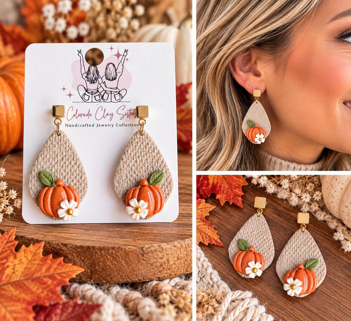 Pumpkin Earrings, Fall Polymer Clay Earrings, Neutral Autumn Earrings, Floral Pumpkin Jewelry, Thanksgiving Earrings, Handmade Fall Gift