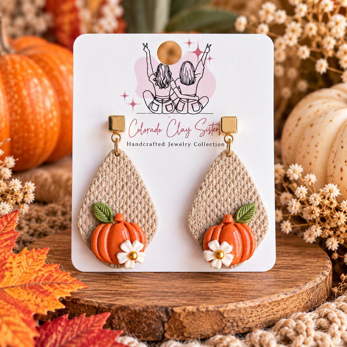 Pumpkin Earrings, Fall Polymer Clay Earrings, Neutral Autumn Earrings, Floral Pumpkin Jewelry, Thanksgiving Earrings, Handmade Fall Gift