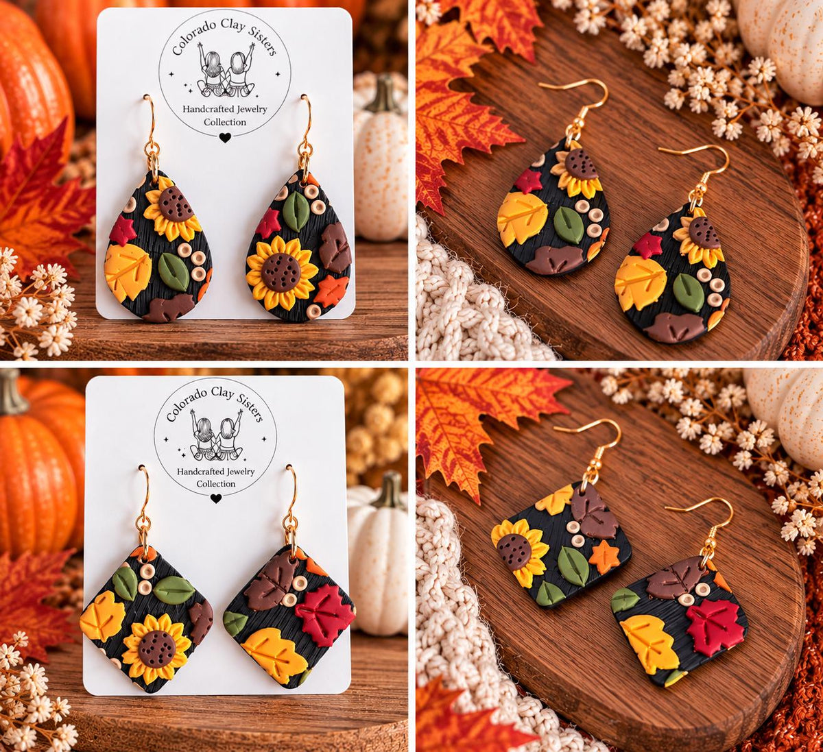 Fall Earrings, Autumn Polymer Clay Earrings, Sunflower Earrings, Fall Leaf Jewelry, Thanksgiving Earrings, Handmade Clay Earrings Gift