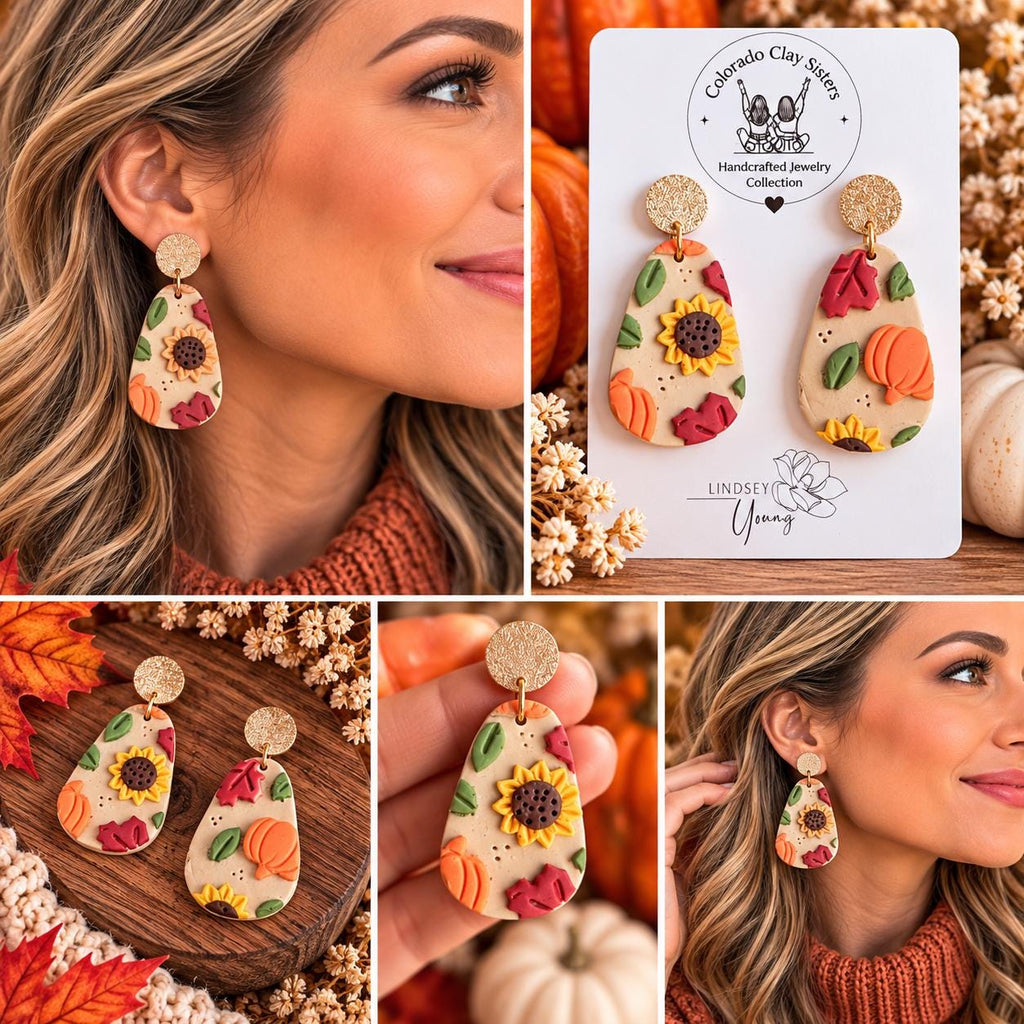 Fall Pumpkin Earrings, Sunflower Polymer Clay Earrings, Autumn Leaf Earrings, Thanksgiving Jewelry, Handmade Fall Earrings, Gift for Her