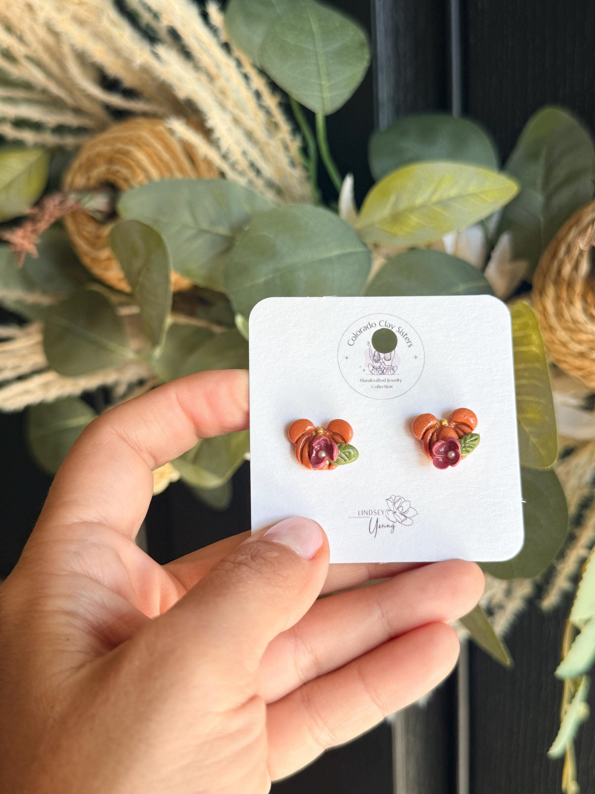 Mini Mouse Pumpkin Stud Earrings, Fall Polymer Clay Earrings, Floral Pumpkin Earrings, Autumn Studs, Thanksgiving Jewelry, Cute Fall Gift
