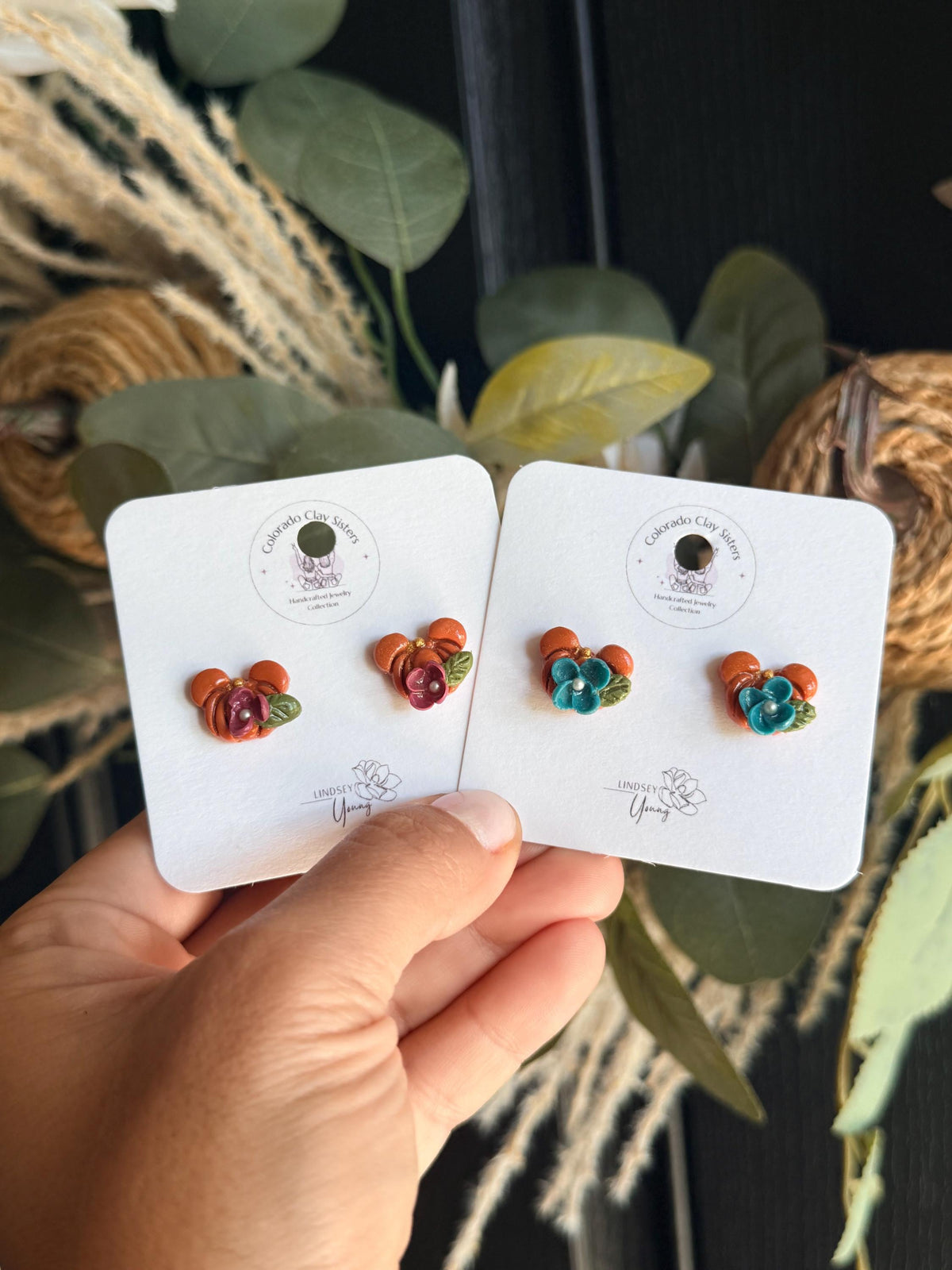 Mini Mouse Pumpkin Stud Earrings, Fall Polymer Clay Earrings, Floral Pumpkin Earrings, Autumn Studs, Thanksgiving Jewelry, Cute Fall Gift