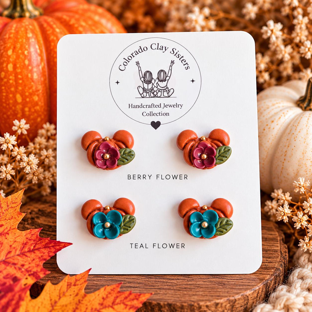 Mini Mouse Pumpkin Stud Earrings, Fall Polymer Clay Earrings, Floral Pumpkin Earrings, Autumn Studs, Thanksgiving Jewelry, Cute Fall Gift