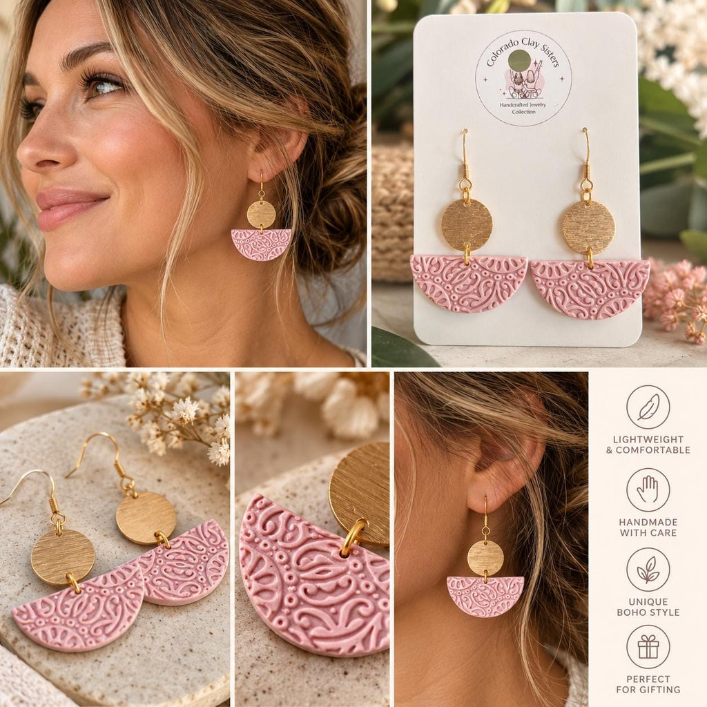 Boho Polymer Clay Earrings, Pink Statement Earrings, Lightweight Dangle Earrings, Handmade Earrings, Boho Jewelry Gift for Her