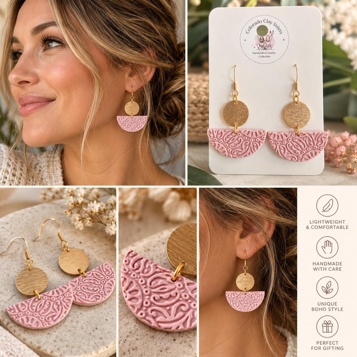 Boho Polymer Clay Earrings, Pink Statement Earrings, Lightweight Dangle Earrings, Handmade Earrings, Boho Jewelry Gift for Her
