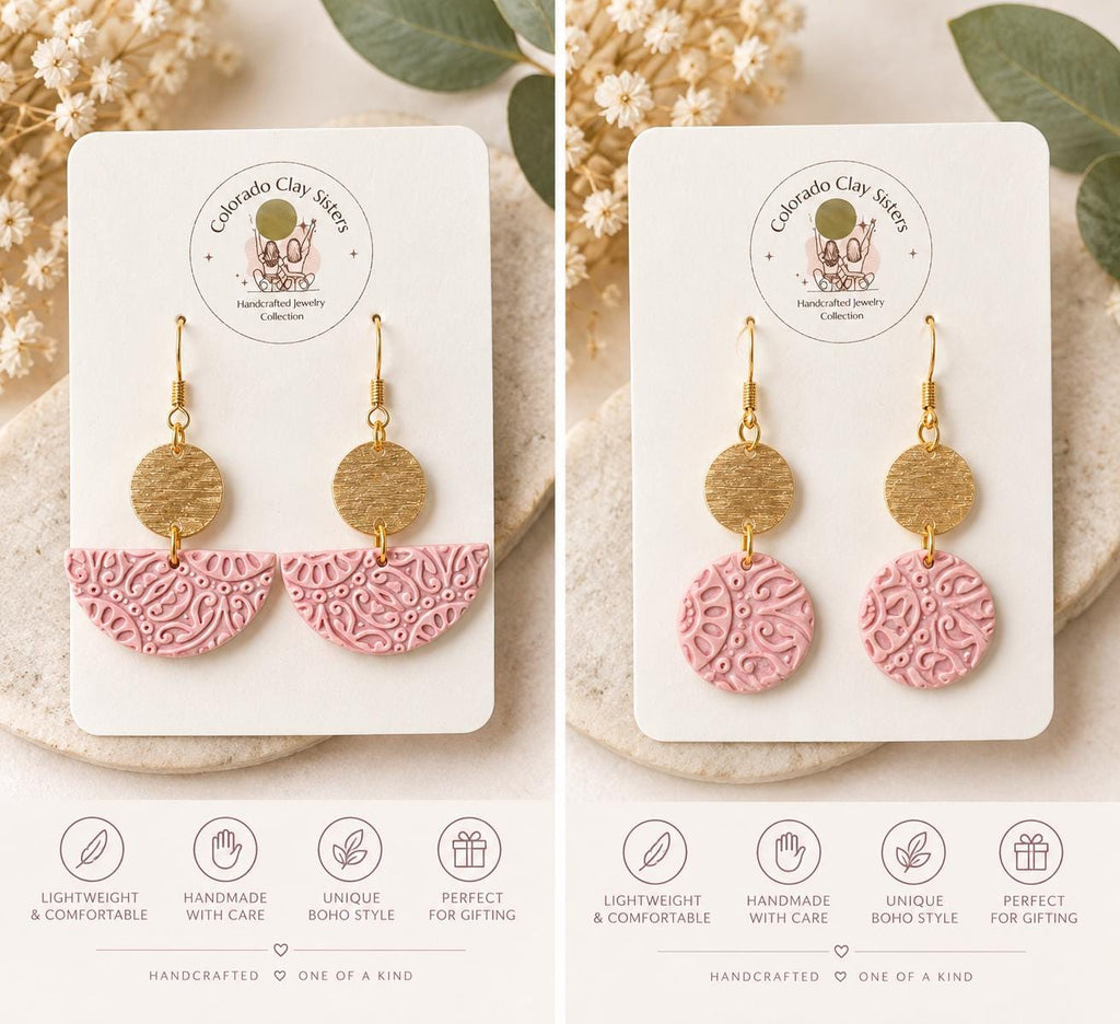 Boho Polymer Clay Earrings, Pink Statement Earrings, Lightweight Dangle Earrings, Handmade Earrings, Boho Jewelry Gift for Her