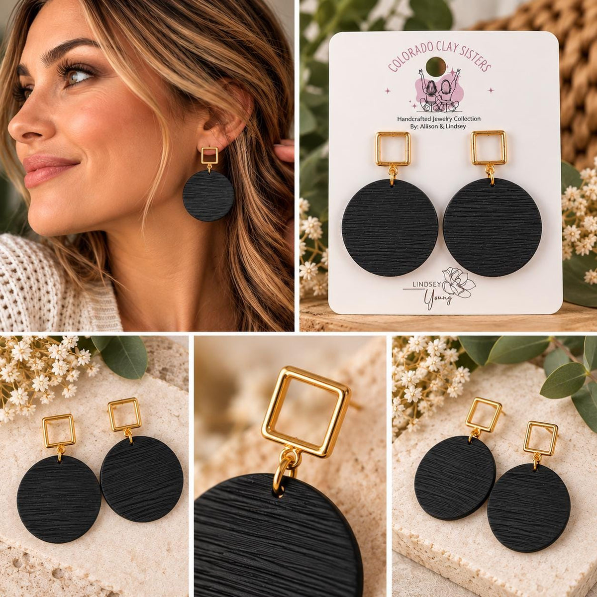 Black Polymer Clay Earrings, Gold Geometric Statement Earrings, Lightweight Black Dangle Earrings, Modern Handmade Jewelry Gift